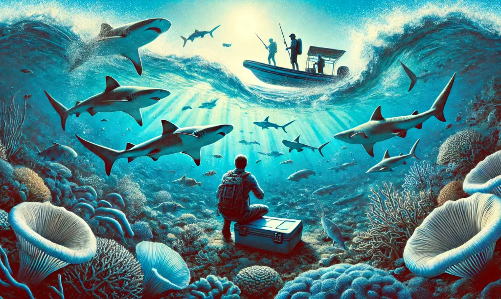 DALL%C2%B7E 2025 03 08 15.33.48 An artistic illustration depicting marine conservation efforts for elasmobranchs sharks and rays along the Libyan coast. The image features a vibran a2b1252e